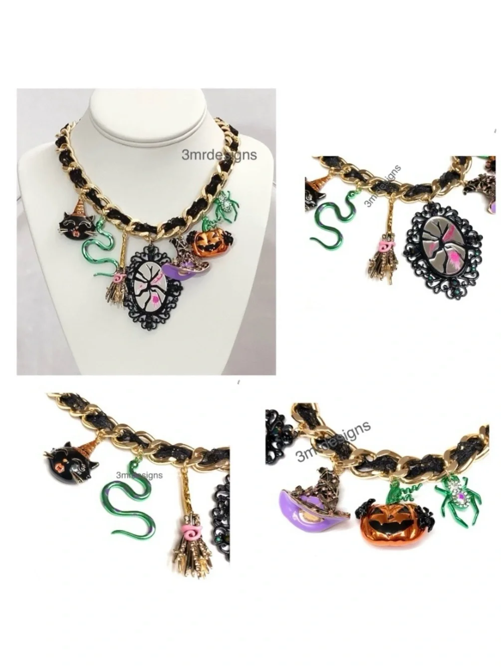 NWT Betsey J. 💋WITCHY LACE FRONTAL CHARMS Gold Tone Glass Crystals Necklace